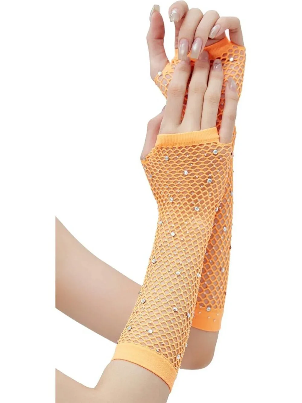 Women's Orange Rhinestone Fishnet Fingerless Gloves 80s Emo Scene Arm Cuffs